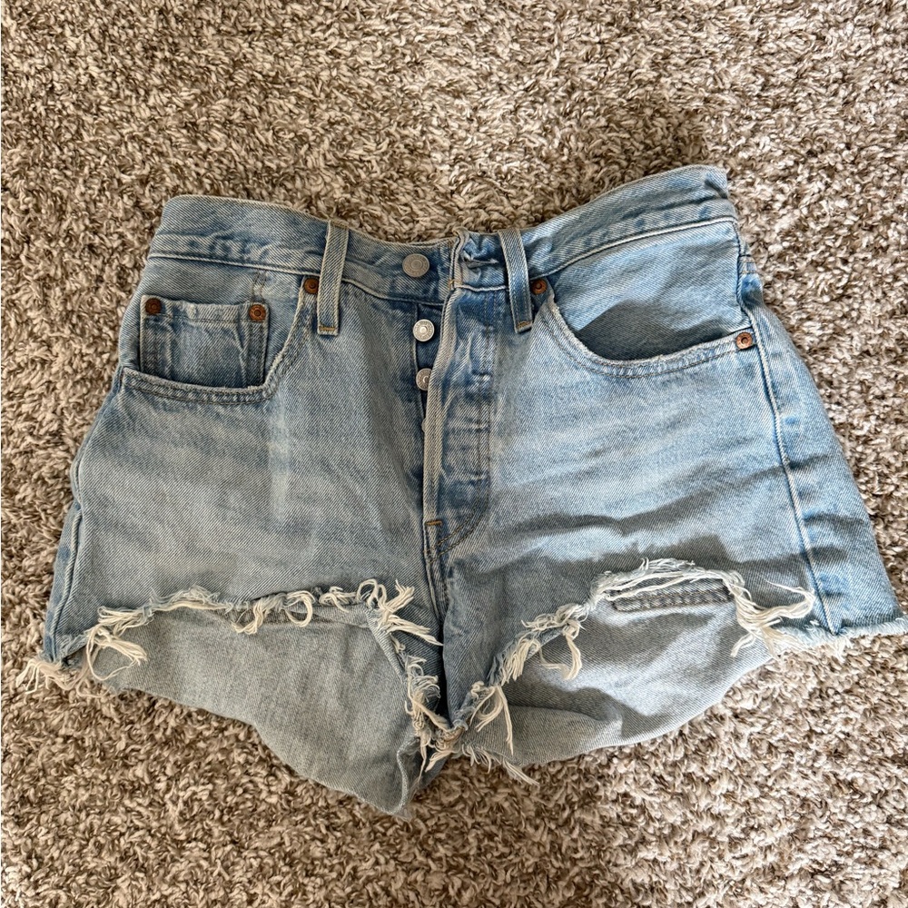Levi's 501 Light Blue Distressed High-Rise Denim Shorts